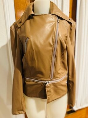 Women's Camel Faux Leather Asymmetrical Moto Jacket